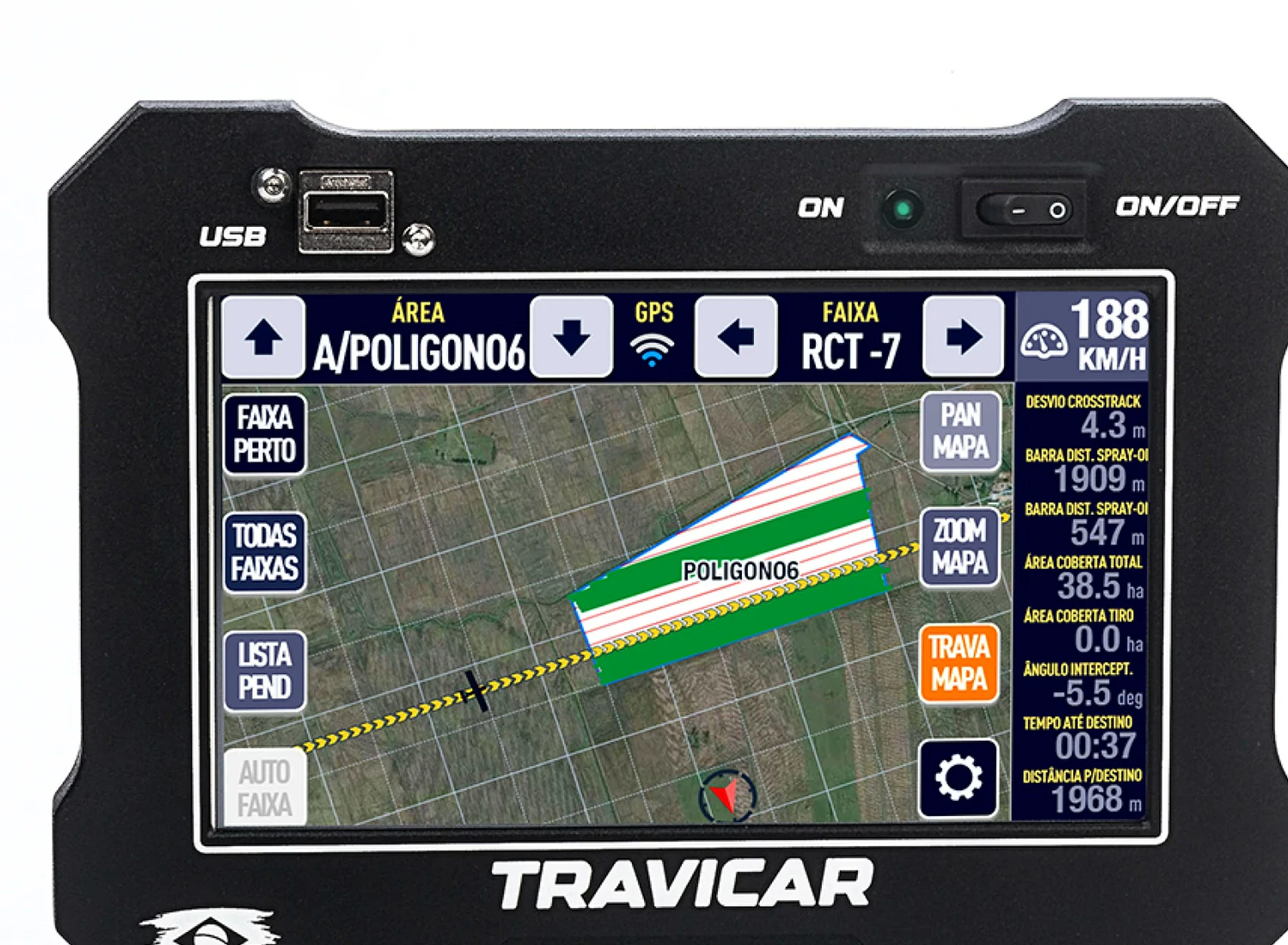 Painel de guia de aplicação DPGS Travicar com mapa e dados operacionais