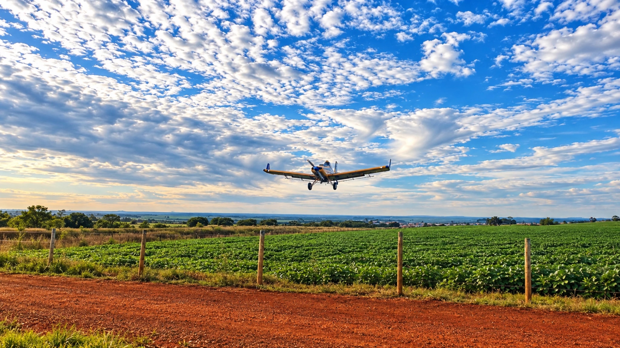 Aeronave agrícola em operação sobre uma grande área cultivada