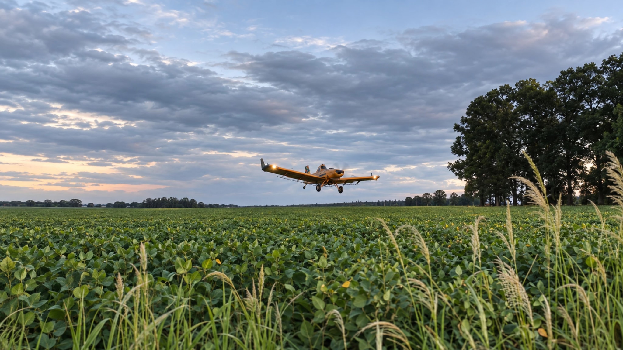 Aeronave agrícola em voo baixo sobre a cultura