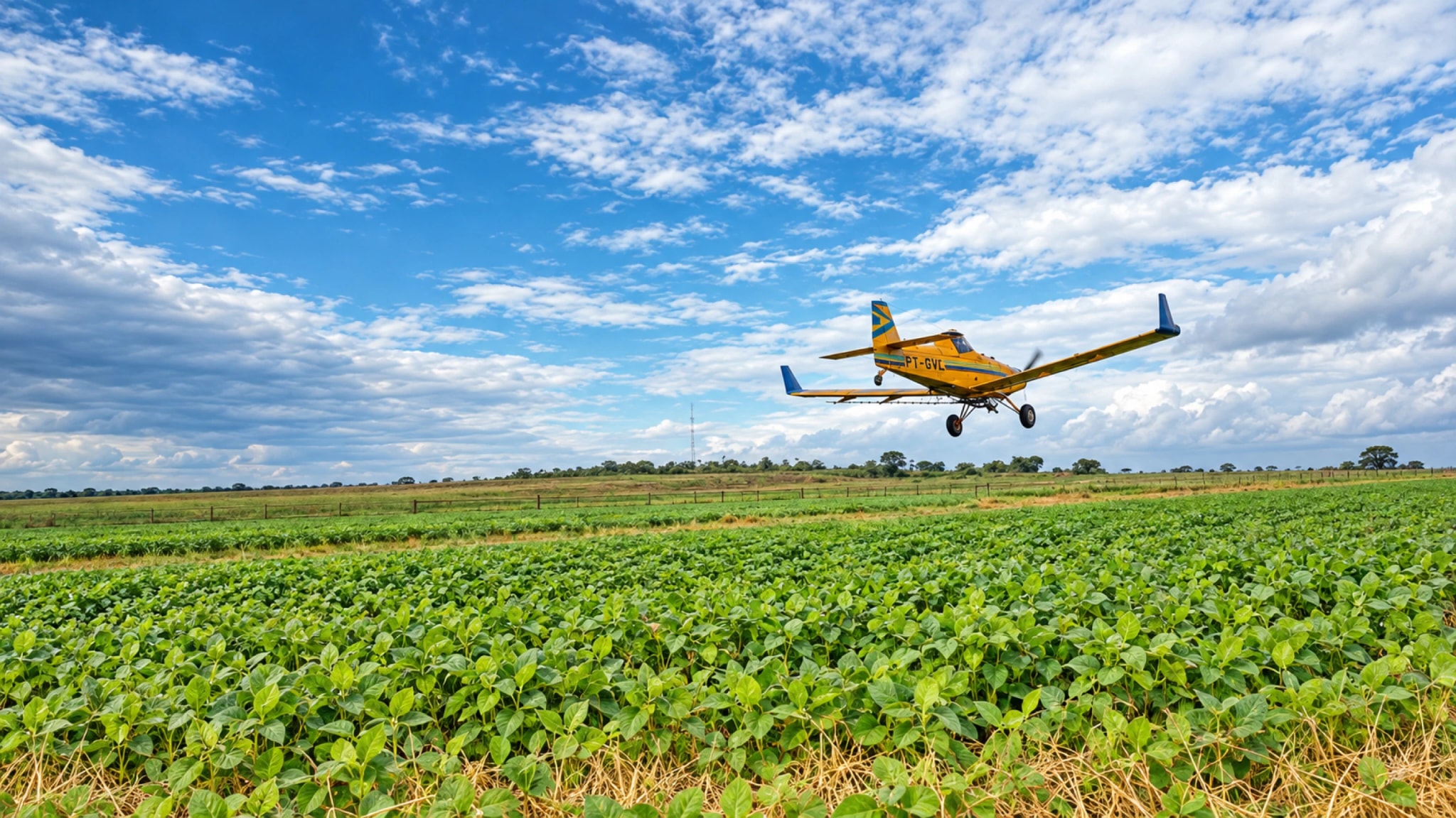 Aeronave agrícola voando sobre uma área cultivada